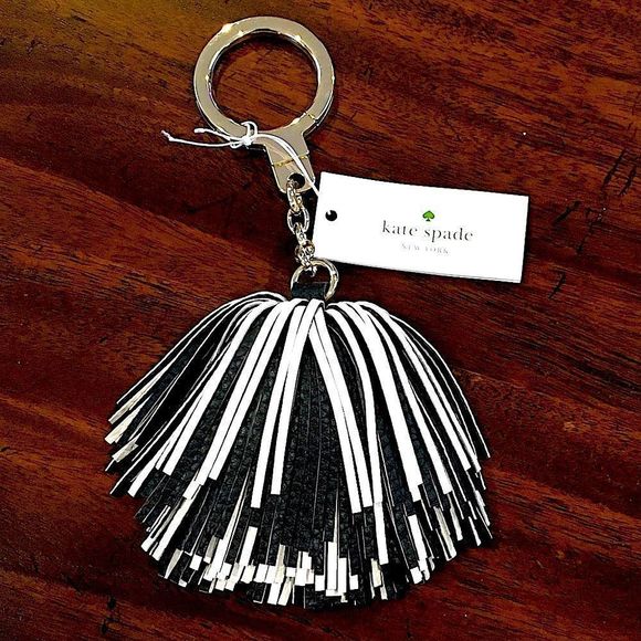 KATE SPADE Black Cream Leather Tassel Keychain NWT - Picture 7 of 8